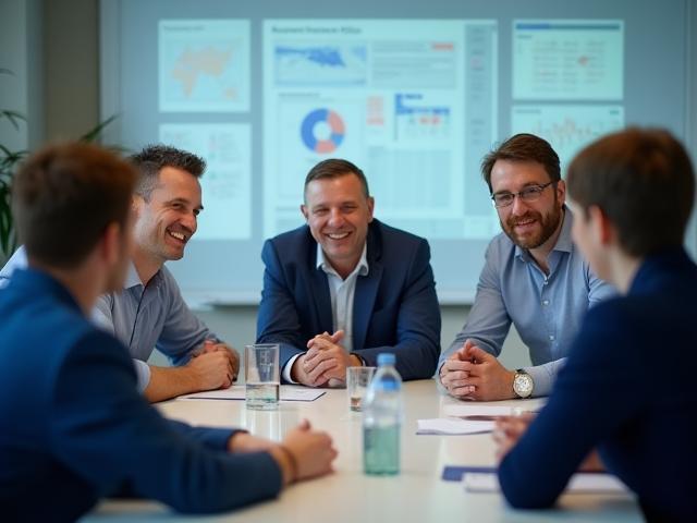 Teamleden van Canalys Hotel Solutions in vergadering, focus op samenwerking